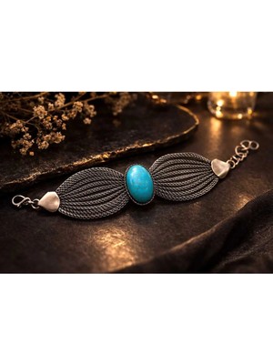 Banum Luxury Tasarım Hasır El Işçilik Turkuaz Taşlı Antik Gümüş Kaplama Bileklik