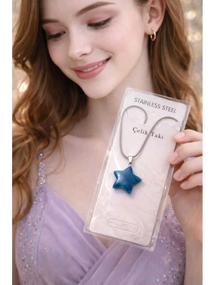 Banum Luxury Doğal Mavı Akuamarin Taşlı Çelik Kolye