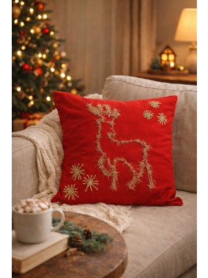 El Yapımi Punch Işlemeli Simli Geyik Motifli Kırlent Kılıfı