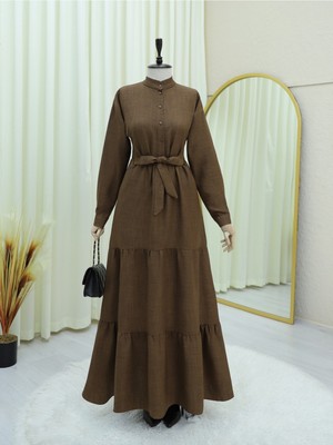 Modamorfo Yarım Düğmeli Dik Yaka Beli Bağlamalı Keten Elbise -Kahve