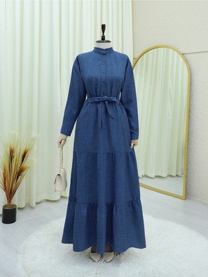 Modamorfo Yarım Düğmeli Dik Yaka Beli Bağlamalı Keten Elbise -Indigo