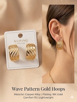 Gülardata Xuping Jewellery 14K Altın Kaplama Kararmaz Dalga Formlu Gold Küpe.
