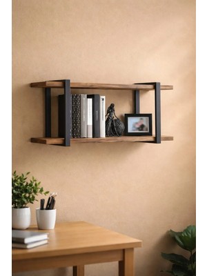 Doğal Ahşap ve Dayanıklı Metal Profil Dekoratif Ahşap Dikdörtgen Raf 60 cm Büyük Boy