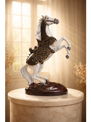 Yaratıcı Sanatlar Atölyesi Işlemeli Eyerli Büyük Boy Şahlanan At Heykel 35 cm Dekoratif Biblo At Heykeli