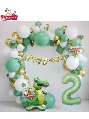 Bkmc Dinozor Temalı Yaş Balonlu Doğum Günü Parti Seti Yeşil Gold Balon Seti & Dino Balon Seti