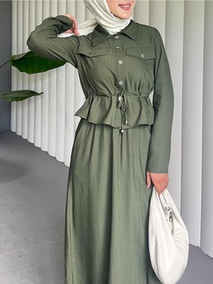 Moda Morfo Metal Düğmeli Beli Bağlamalı Gömlek Jile Elbise -Haki