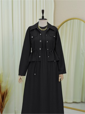 Modamorfo Metal Düğmeli Beli Bağlamalı Gömlek Jile Elbise -Siyah