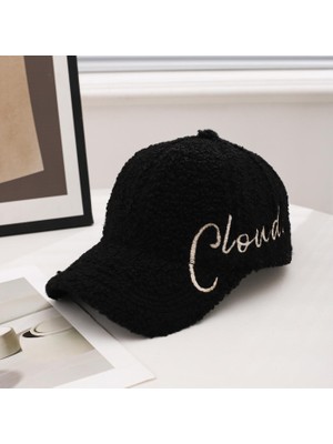 Valkyrie Peluş Şapka Kadın Erkek Unisex Kışlık Şapka Cloud Nakışlı Ayarlanabilir Bej Teddy Şapka Siyah