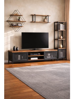 Yaratıcı Sanatlar Atölyesi Budaklı Doğal Görüntüsüyle Metal Iskeletli Tv Ünitesi Seti El Yapımı Endüstüriyel Tasarım Ahşap