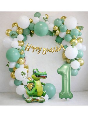 Bkmc Dinozor Temalı Yaş Balonlu Doğum Günü Parti Seti Yeşil Gold Balon Seti & Dino Balon Seti