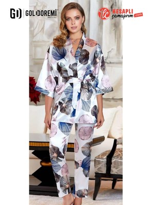 Jeremi Goldoremi 3090 Kadın Saten Askılı Büstiyerli Sabahlıklı 3'lü Gelin Çeyiz Pijama Takım