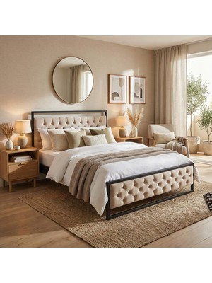 Unimet Mithra Metal Karyola - Siyah Krem - Konik Geçme - Konfor Destekli Latalı - 90x190/90x200/120x200