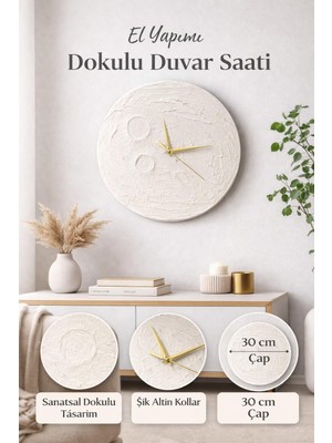 Redmoon El Yapımı Dokulu Duvar Saati  Minimal ve Modern 30 cm Dekoratif Saat  Altın Detaylı Şık Tasarım