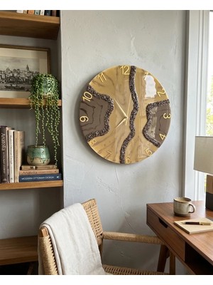 Af Epoxyart Duvar Saati - 40CM - Modern Dekoratif Duvar Saati - Epoksi Duvar Saati - El Yapımı Duvar Saati - Kahve+Krem Karışımı Lüks Duvar Saati