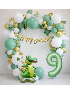 Bkmc Party Dinozor Temalı Yaş Balonlu Doğum Günü Parti Seti Yeşil Gold Balon Seti & Dino Balon Seti