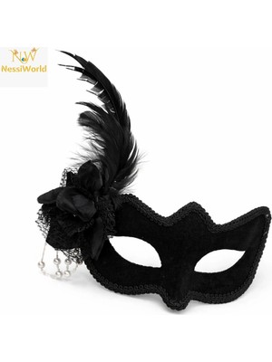 Pazarcan Mey Ithalat® Beyaz Inci Detaylı Siyah Süet Venedik Kadın Maskesi Tüylü Güllü