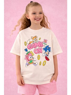Little Aden Kız Çocuk Sonic Baskılı Pamuklu Oversize Yazlık Tişört