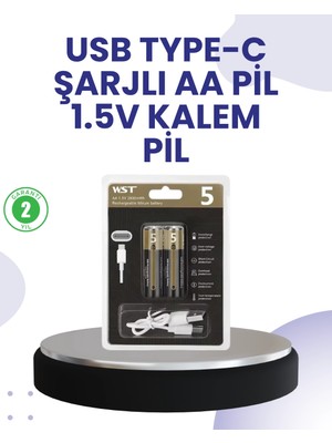 Pazarcan Mey Ithalat® Type-C USB ile Hızlı Şarj Edilebilir Aa Kalem Pil | 1.5V Lityum | Çiftli Paket