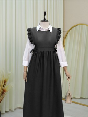 Modamorfo Beli Bağlamalı Fırfır Detaylı Jile Elbise -Siyah