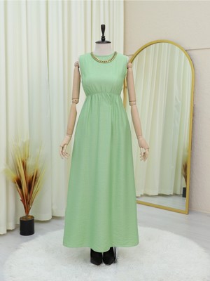 Modamorfo Metal Düğmeli Beli Bağlamalı Gömlek Jile Elbise -A.yeşil