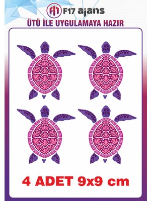 F17 Ajans 4 Adet Deniz Kaplumbağası Temalı Ütü ile Yapışan Tekstil Kumaş Tişört Dtf Baskı