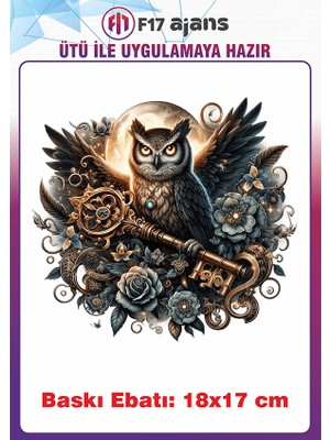 F17 Ajans Baykuş Gotik Temalı Ütü ile Yapışan Tekstil Kumaş Tişört Dtf Baskı