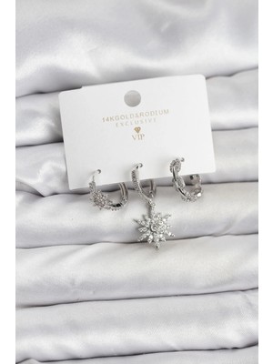 Pazarcan Mey Ithalat® Pirinç Gümüş Renk Kutup Yıldızı Model 3'lü Kadın Küpe Seti