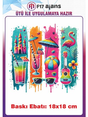 F17 Ajans Deniz Kum Güneş Temalı Ütü ile Yapışan Tekstil Kumaş Tişört Baskı