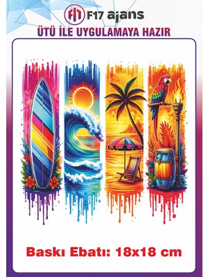 F17 Ajans Deniz Kum Güneş Temalı Ütü ile Yapışan Tekstil Kumaş Tişört Baskı