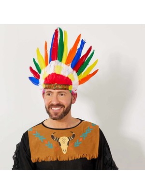 Pazarcan Mey Ithalat® Rengarenk Gerçek Tüylü Lastik Aparatlı Kızılderili Başlığı