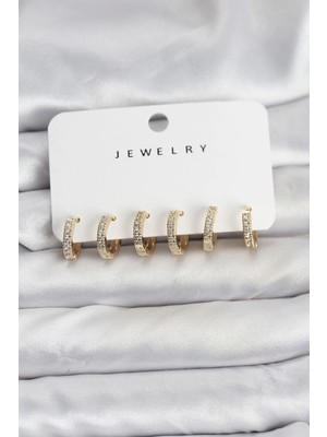 Pazarcan Mey Ithalat® Gold Renk Pirinç Zirkon Taşlı Halka Kadın Küpe Seti