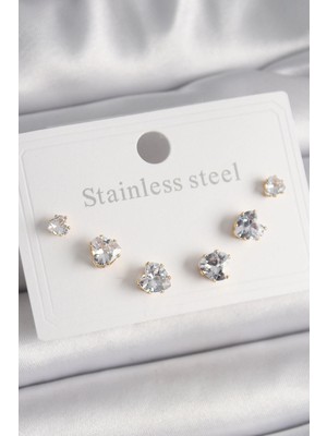 Pazarcan Mey Ithalat® Çelik Gold Renk Zirkon Taşlı Model Kadın Küpe Seti