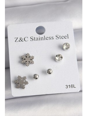 Pazarcan Mey Ithalat® Çelik Gümüş Renk Zirkon Taşlı Kar Tanesi Model Kadın Küpe Seti