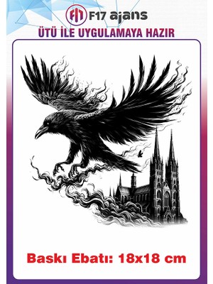 F17 Ajans Kuzgun Gotik Temalı Ütü ile Yapışan Tekstil Kumaş Tişört Dtf Baskı