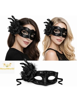 Pazarcan Mey Ithalat® Siyah Venedik Parti Maskesi – Çiçekli Tüylü Payetli