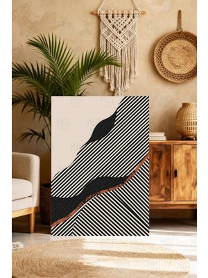 Mgi Design Siyah Beyaz Çizgili Soyut Kanvas Tablo Modern Geometrik Turuncu Detaylı Dekor