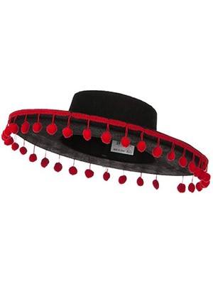 Pazarcan Mey Ithalat® Kırmızı Ponponlu Siyah Renk Çocuk Ispanyol Şapkası