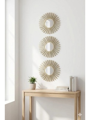 Pazarcan Mey Ithalat® 3’lü Gold Güneş Desenli Duvar Aynası Seti 27 cm | Dekoratif Yuvarlak Ayna