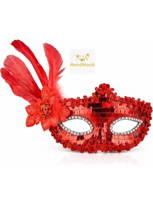 Pazarcan Mey Ithalat® Kırmızı Tüylü Payetli Lüks Taşlı Parti Maskesi
