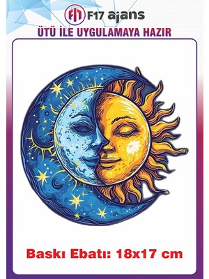F17 Ajans Ay ve Güneş Temalı Ütü ile Yapışan Tekstil Kumaş Tişört Dtf Baskı