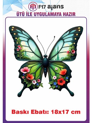 F17 Ajans Kelebek Şehir Silüeti Temalı Ütü ile Yapışan Tekstil Kumaş Tişört Dtf Baskı