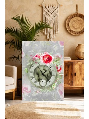 Mgi Design Vintage Saatli Çiçekli Kanvas Tablo Retro Duvar Dekoru
