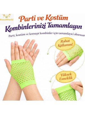 Pazarcan Mey Ithalat® 80’ler 90’lar Neon Yeşil File Parmaksız Kısa Eldiven 11 cm