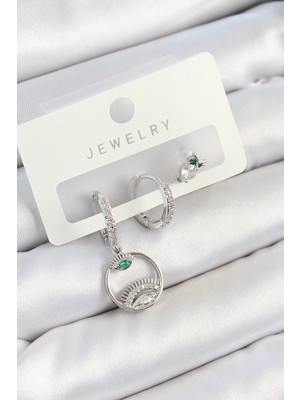 Pazarcan Mey Ithalat® Pirinç Zirkon Taşlı Göz Baykuş Model Gümüş Renk 3'lü Çift Kadın Küpe Set