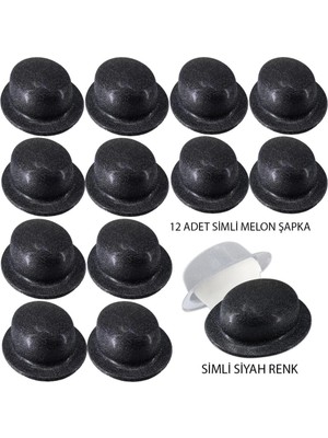 Pazarcan Mey Ithalat® Siyah Renk Simli Melon Yuvarlak Parti Şapkası 12 Adet