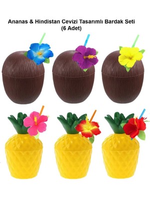 Pazarcan Mey Ithalat® Ananas &amp; Hindistan Cevizi Tasarımlı Pipetli Bardak Seti (6 Adet)