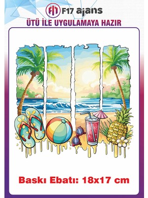 F17 Ajans Deniz Kum Güneş Temalı Ütü ile Yapışan Tekstil Kumaş Tişört Baskı