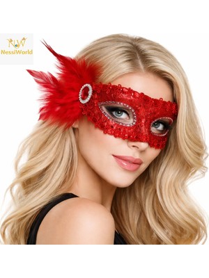 Pazarcan Mey Ithalat® Kırmızı Taşlı Venedik Parti Maskesi – Tüylü Payetli