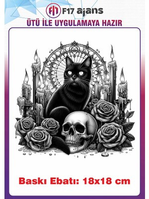 F17 Ajans Siyah Kedi Gotik Temalı Ütü ile Yapışan Tekstil Kumaş Tişört Dtf Baskı