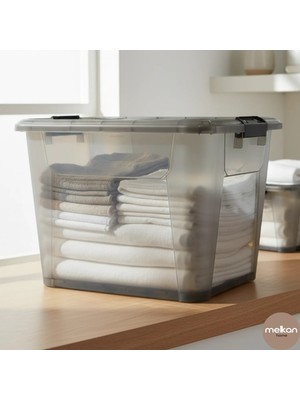 Melkan Home Saklama Kutusu, Depolama Kutusu, Büyük Boy Kilitli Kasa, Çok Amaçlı Tekerlekli Kasa 60 Litre Füme